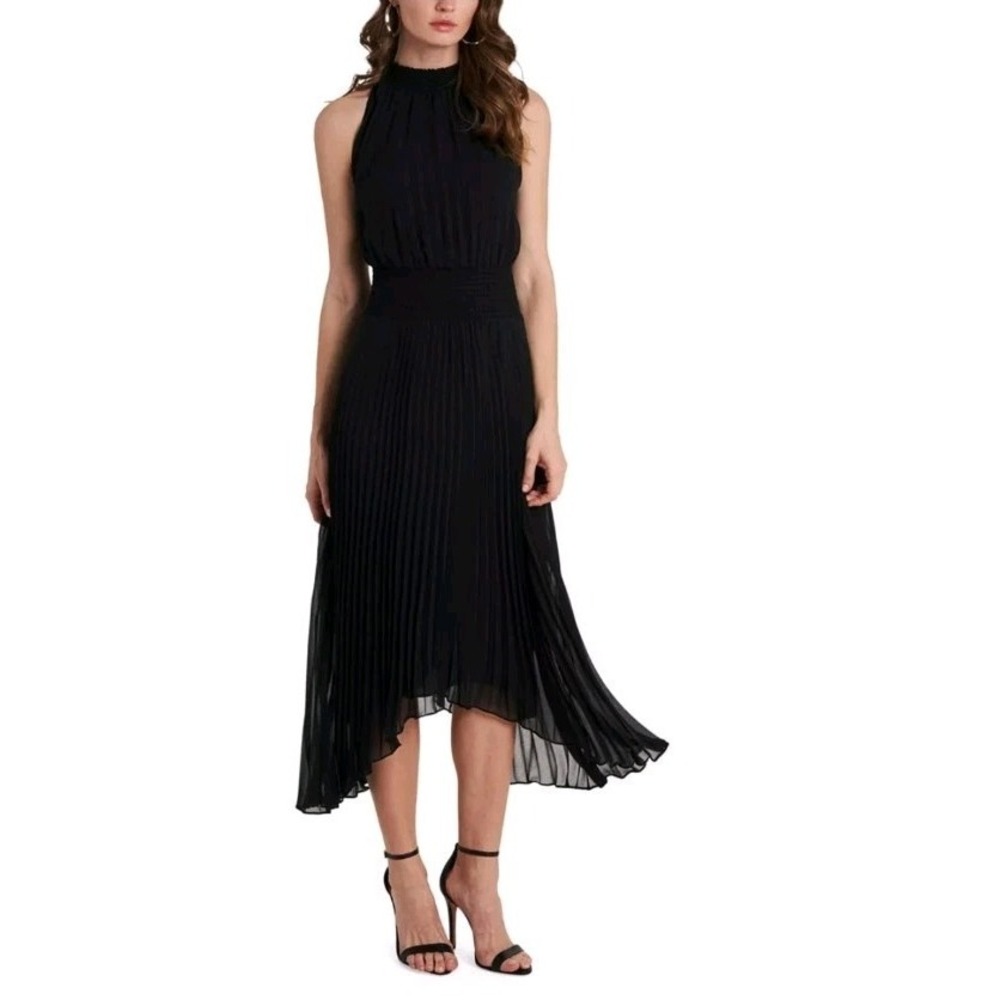 1. State Women's Pleated Midi Dress XL Black Halter Neck Handkerchief Hem